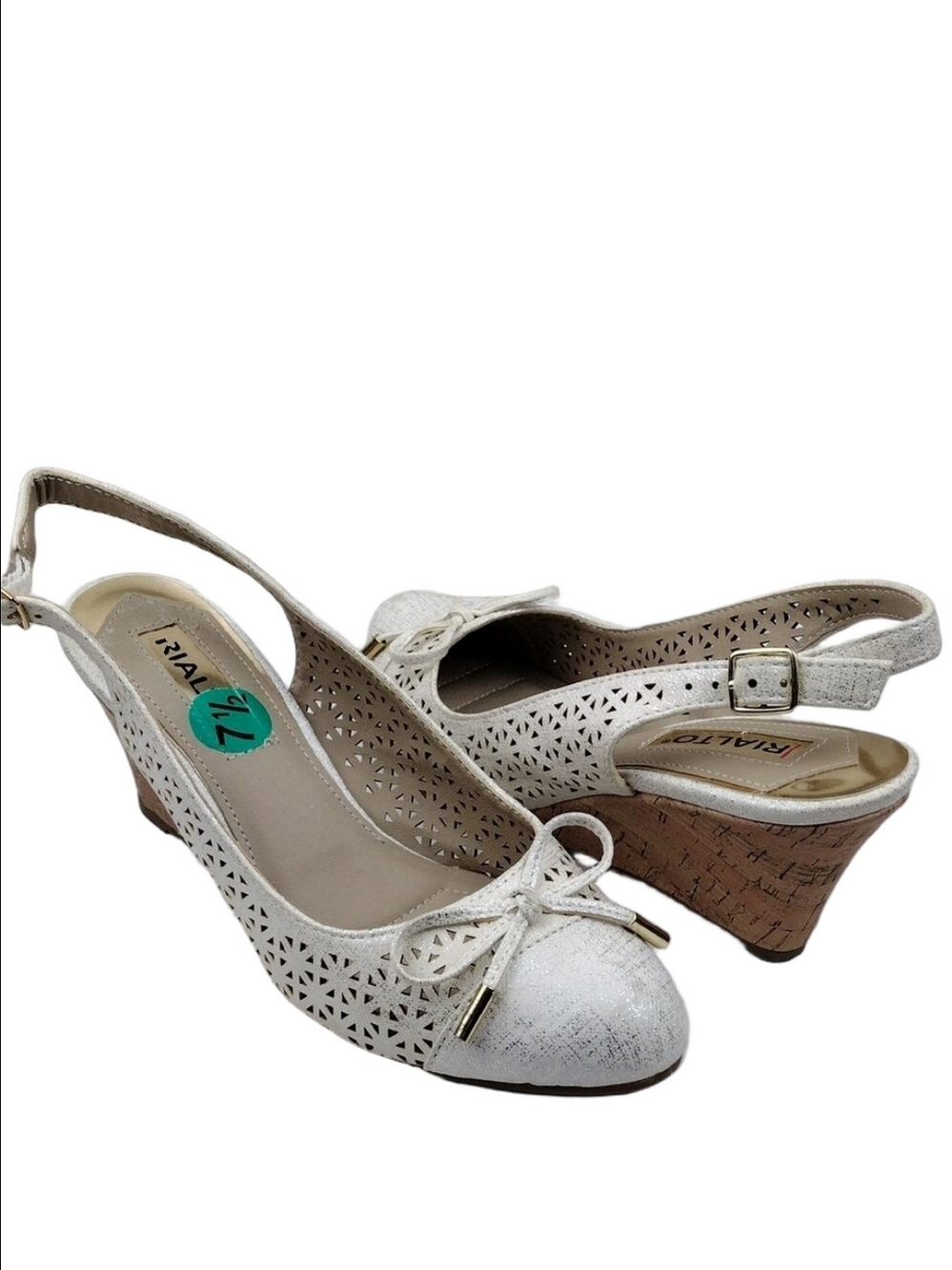 Rialto Casby White Silver Metallic Bow Cut Out Cork Wedged Heel Slingback Shoe